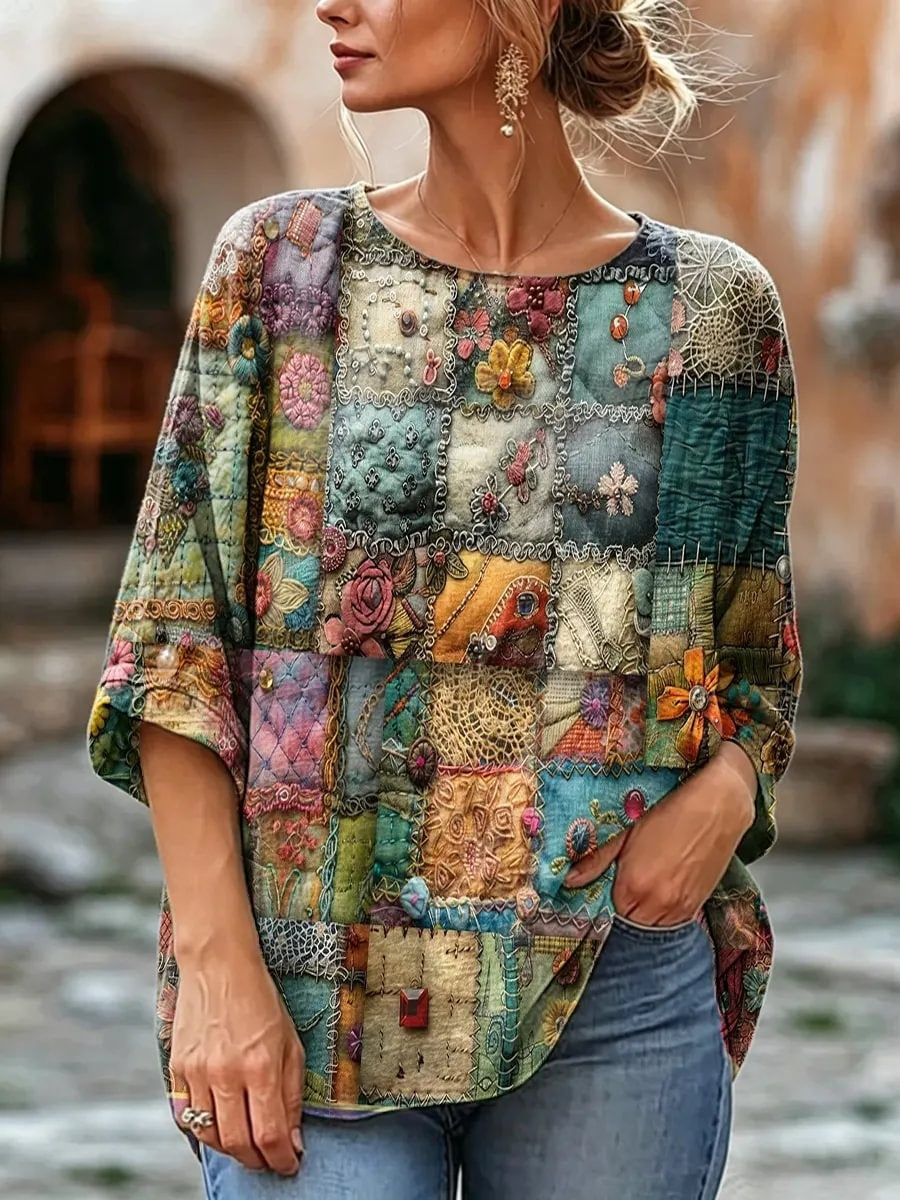 Women's Boho Patchwork Floral Print Linen Blouse