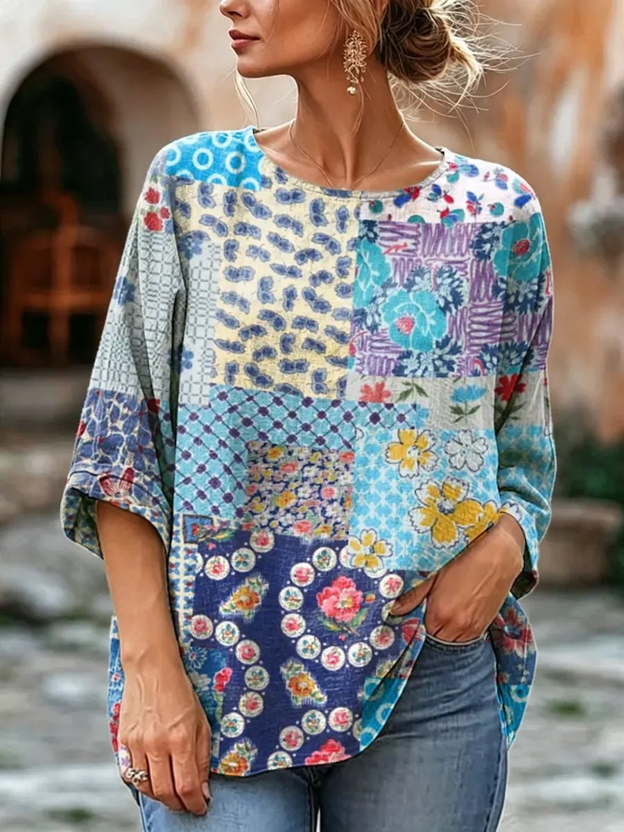 Women's Mixed Floral Patchwork Print Linen Blend Blouse