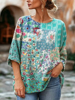 Women's Floral Patchwork Print Linen Blend Blouse
