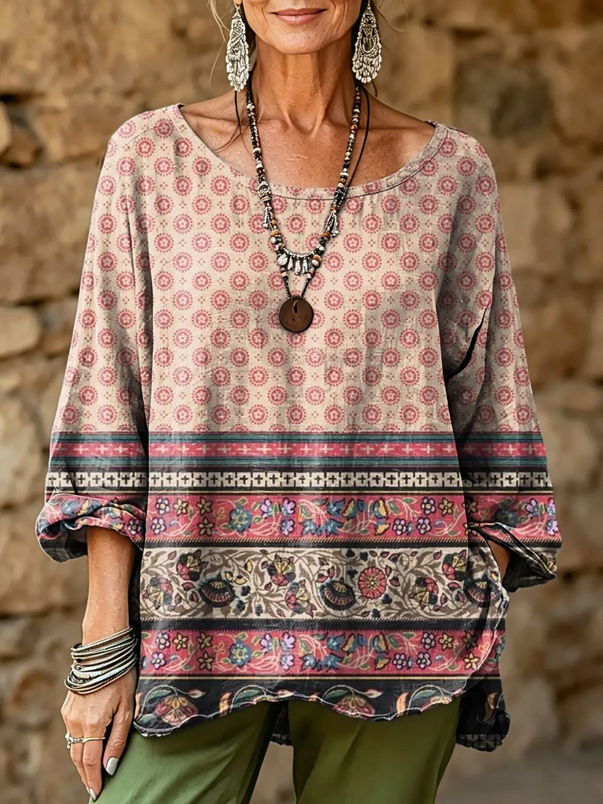 Women's Bohemian Ethnic Floral Art Print Casual Fashion Top