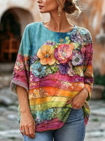 Women's Rainbow Floral Patchwork Print Linen Blend Blouse