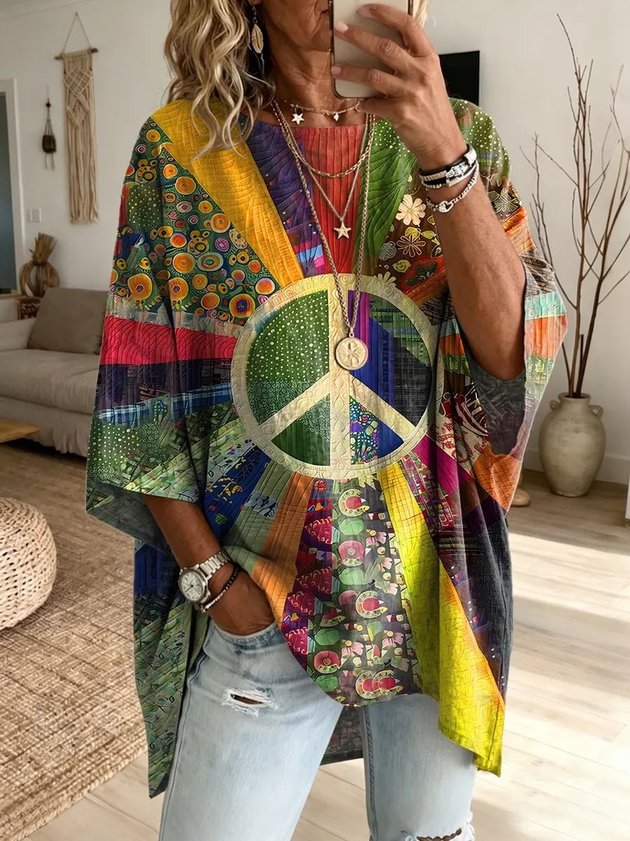 Ethnicity Patchwork Hippie Women's Art Print Fashionable Loose Casual Top