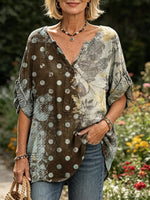 Women's Polka Dot Floral Washed Print V-Neck Blouse