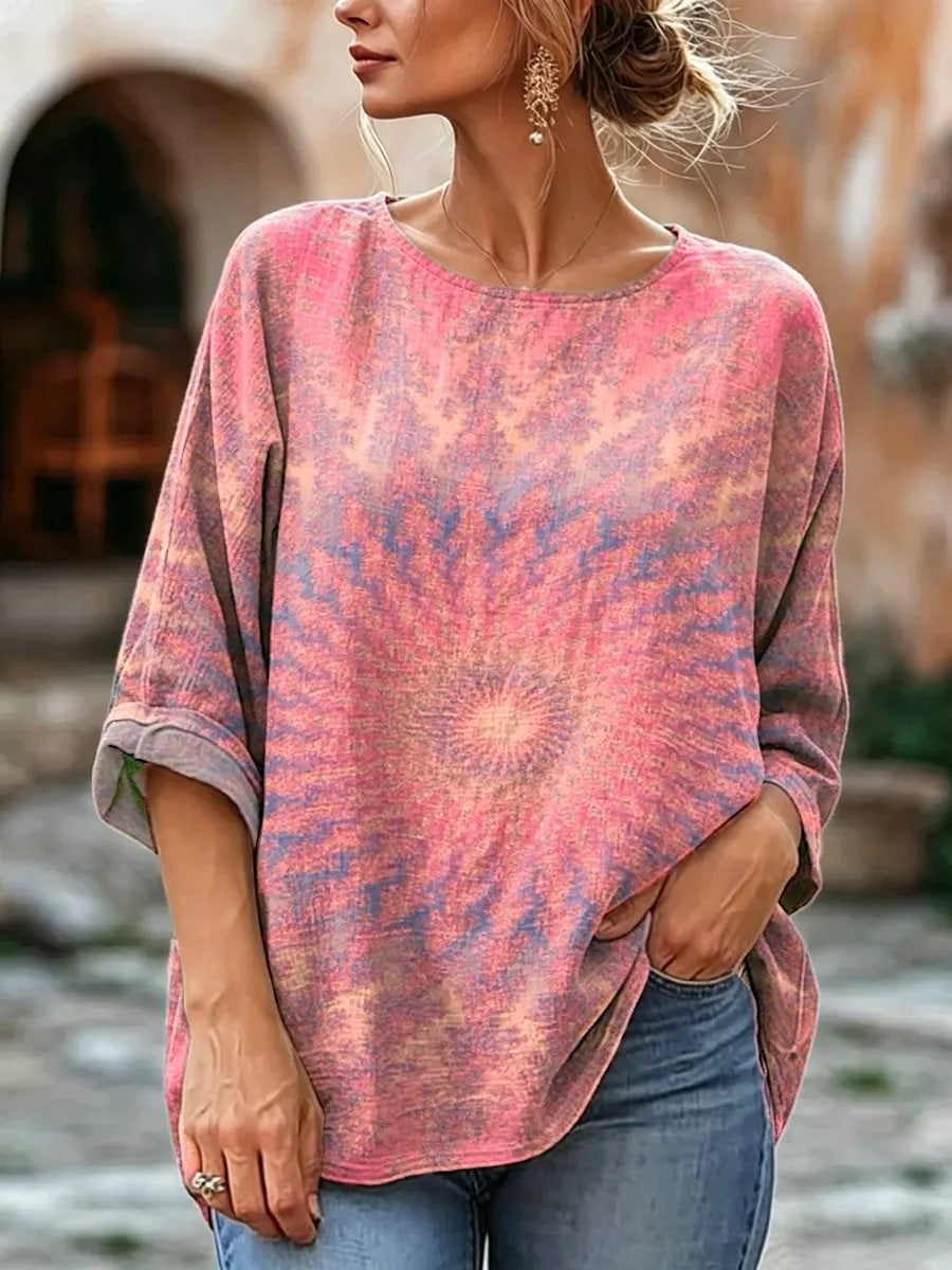 Women's Tie-Dye Mandala Print Linen Blend Blouse