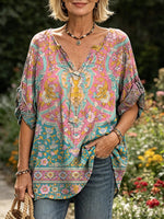 Women's Vintage Persian Floral Print Boho V-Neck Blouse