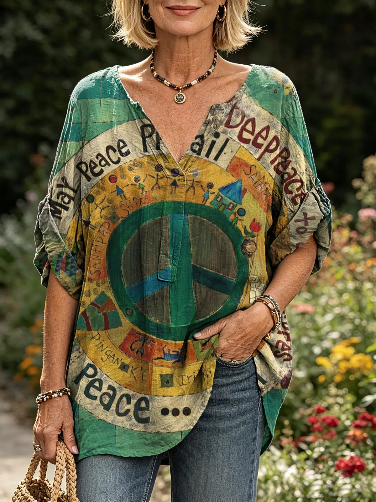 Women's Peace Sign Art Print V-Neck Rolled Sleeve Blouse