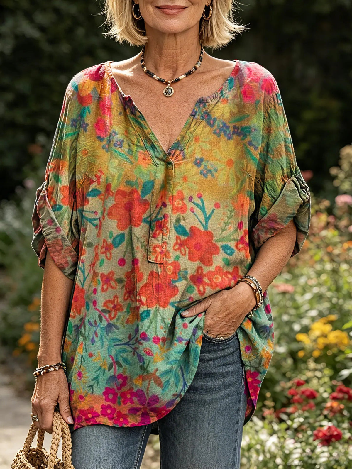 Women's Watercolor Floral Print Rolled Sleeve V-Neck Blouse