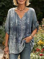 Women's Indigo Blue Vintage Floral Print Rolled Sleeve Top