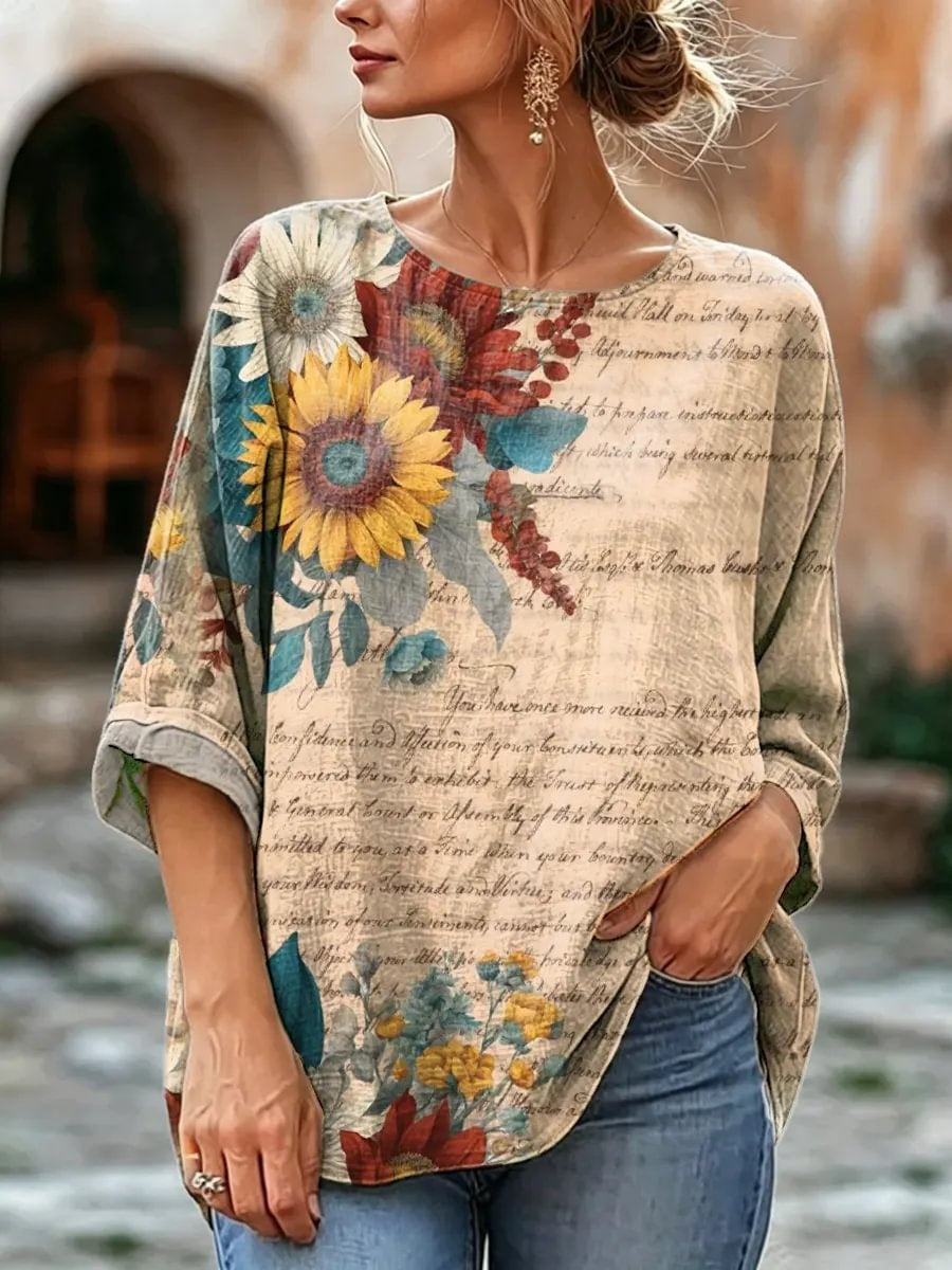 Women's Vintage Sunflower & Script Print Linen Blend Blouse