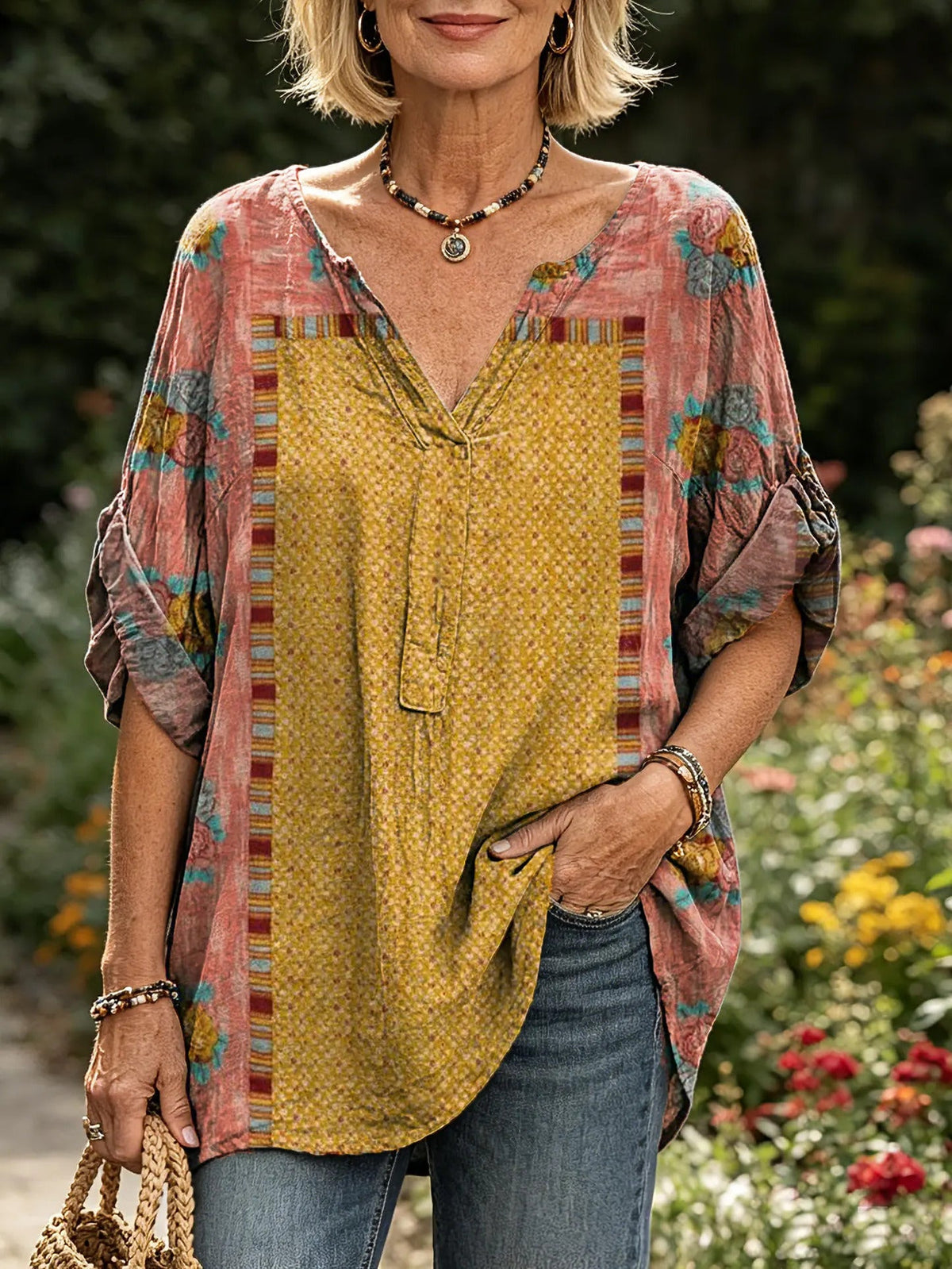 Women's Ethnic Patchwork Floral Print Rolled Sleeve Top