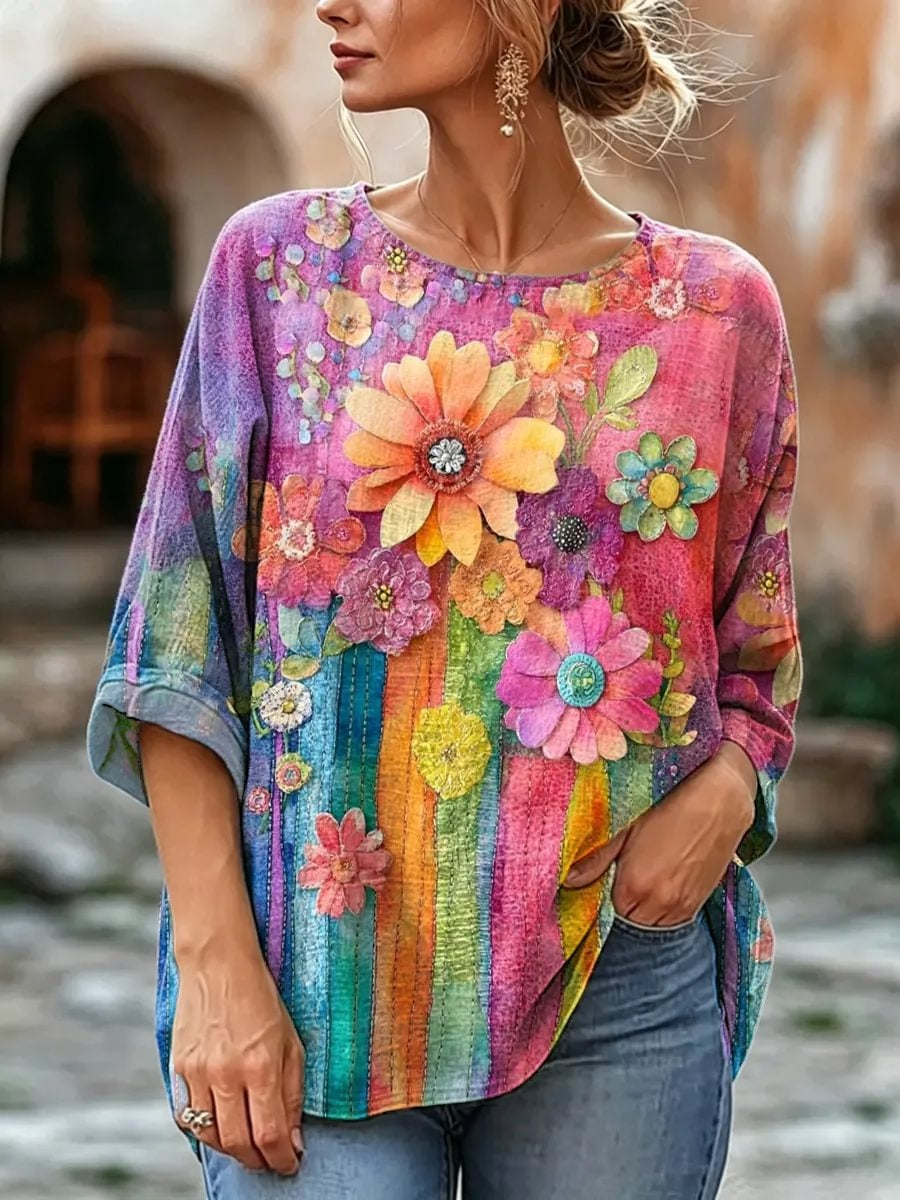 Women's Rainbow Floral Watercolor Print Linen Blend Blouse