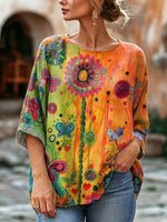 Women's Floral Watercolor Print Linen Blend Blouse