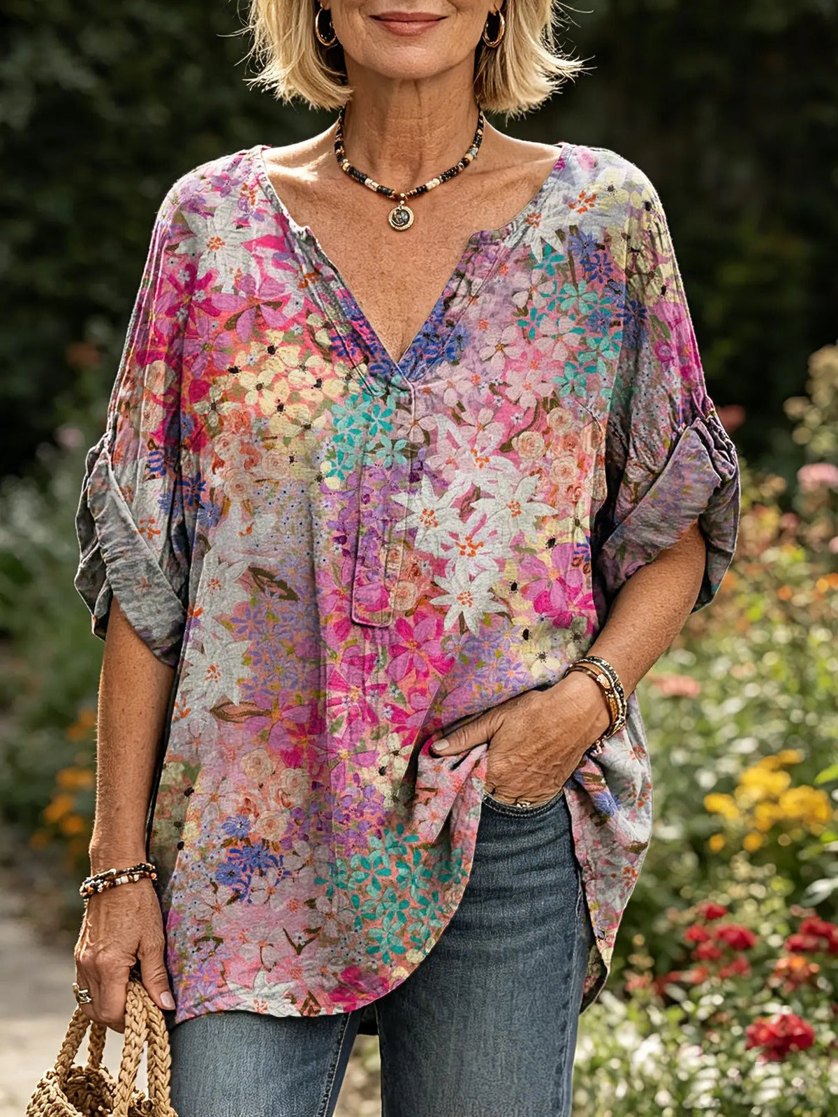 Women's Multicolor Watercolor Floral Print Casual Blouse