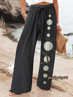 Women's Cotton Linen Casual Pants with Moon Pattern Print