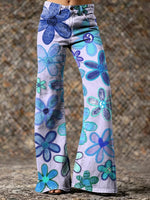 Women's Green Cute Floral Hippie Art Printed Casual Slim Denim Wide Leg Pants
