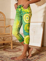 Women's Retro Colorful Ethnic Floral Art Print Casual Capri Jeans