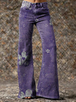 Women's Vintage Purple Cute Heart Floral Art Printed Casual Slim Denim Wide Leg Pants