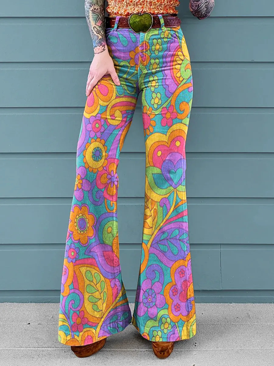 Women's Colorful Floral Print Casual Wide-Leg Pants