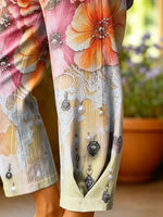 Women's Retro Rose Print Cotton Capri Pants