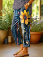Women's Sunflower Washed Print Cotton Cropped Pants