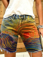 Women's art print denim shorts with a sunset beach pattern