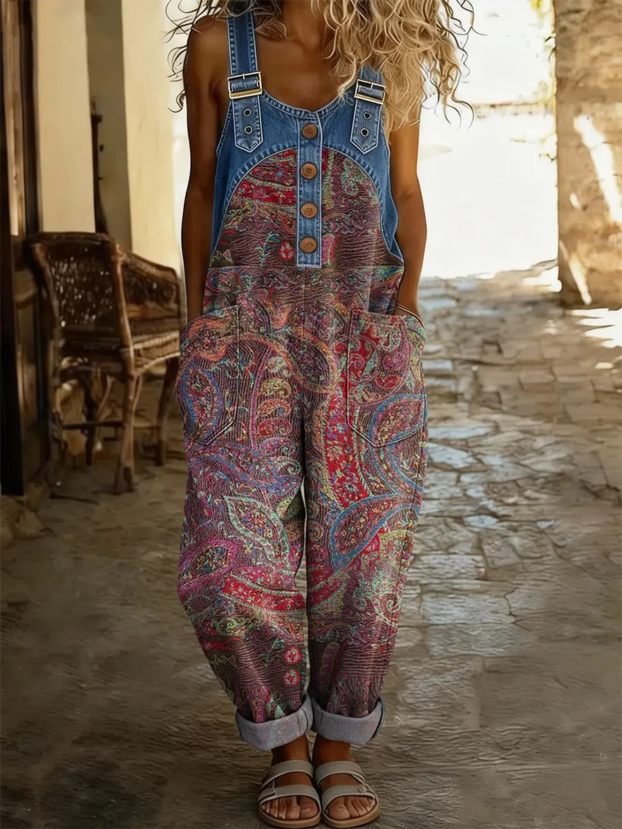 Women's Vintage Floral Art Print Washed Cotton Denim Patchwork Jumpsuit