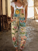 Ethnicity Bohemia Patchwork Flowers Love Women's Casual Washed Cotton Denim Jumpsuit