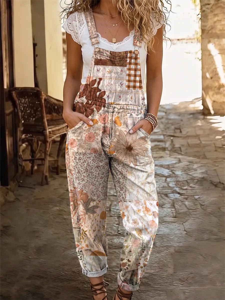 Retro ethnic style patchwork floral women's casual washed cotton denim jumpsuit
