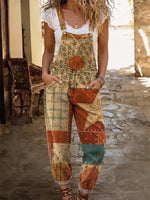 Ethnic Style Patchwork Star and Flower Women's Casual Washed Cotton Denim Jumpsuit