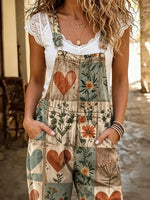 Ethnicity Bohemia Flowers Love Women's Casual Washed Cotton Denim Jumpsuit