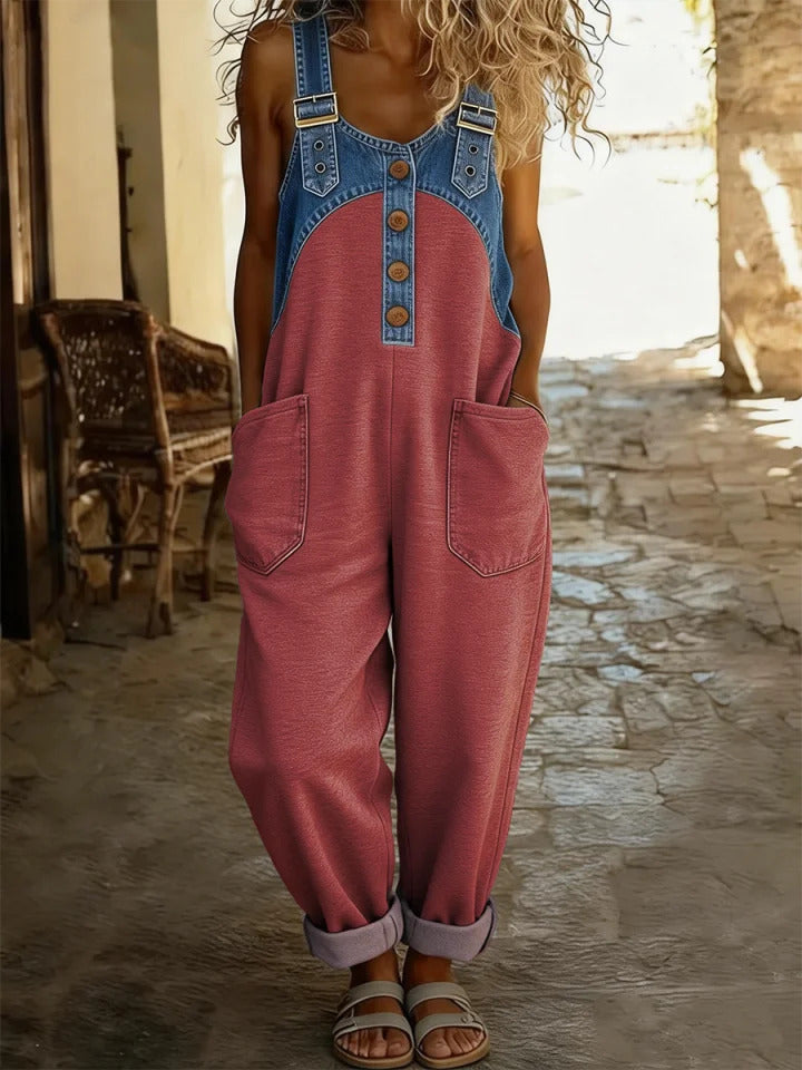 Women's Casual Washed Cotton Denim Patchwork Jumpsuit