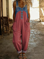Women's Casual Washed Cotton Denim Patchwork Jumpsuit