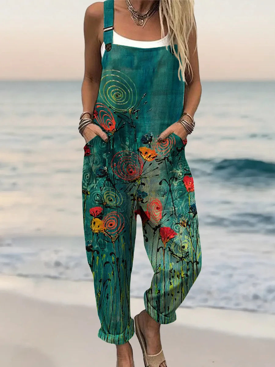Women's Floral Pattern Art Print Casual 100% Cotton Wide Leg Jumpsuit