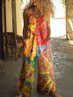 Women's Bohemian Style Sun Patchwork Art Print Casual 100% Cotton Wide-Leg Jumpsuit