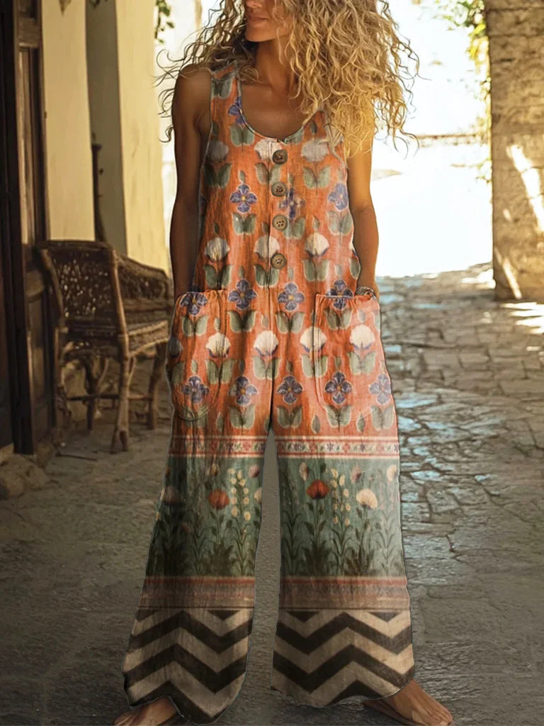 Women's Vintage Boho Floral Art Pattern Print Casual 100% Cotton Wide Leg Jumpsuit