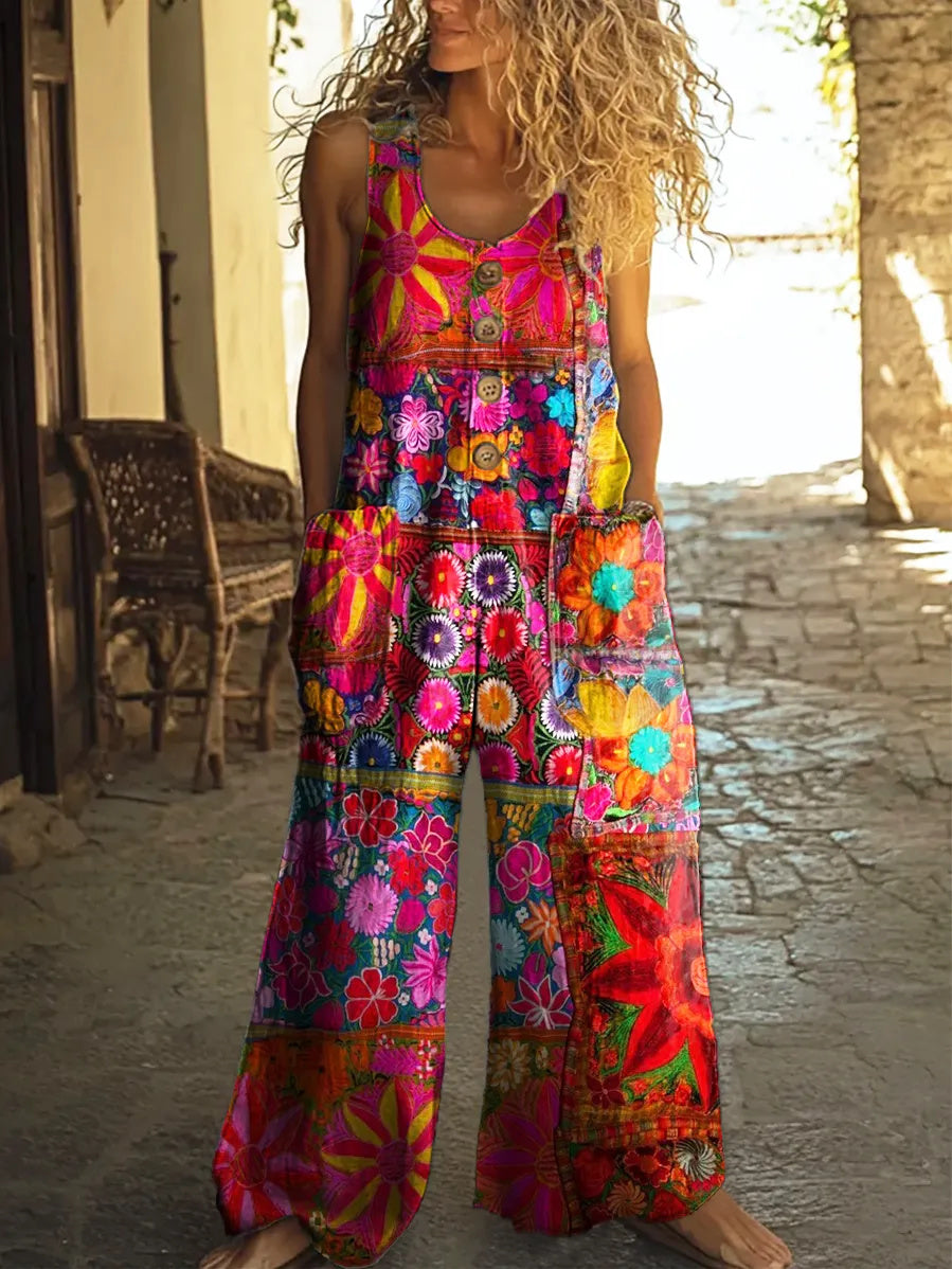 Women's patchwork floral print casual wide-leg jumpsuit