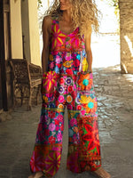 Women's patchwork floral print casual wide-leg jumpsuit