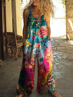 Women's Colorful Ethnic Floral Art Print Casual Wide-Leg Jumpsuit