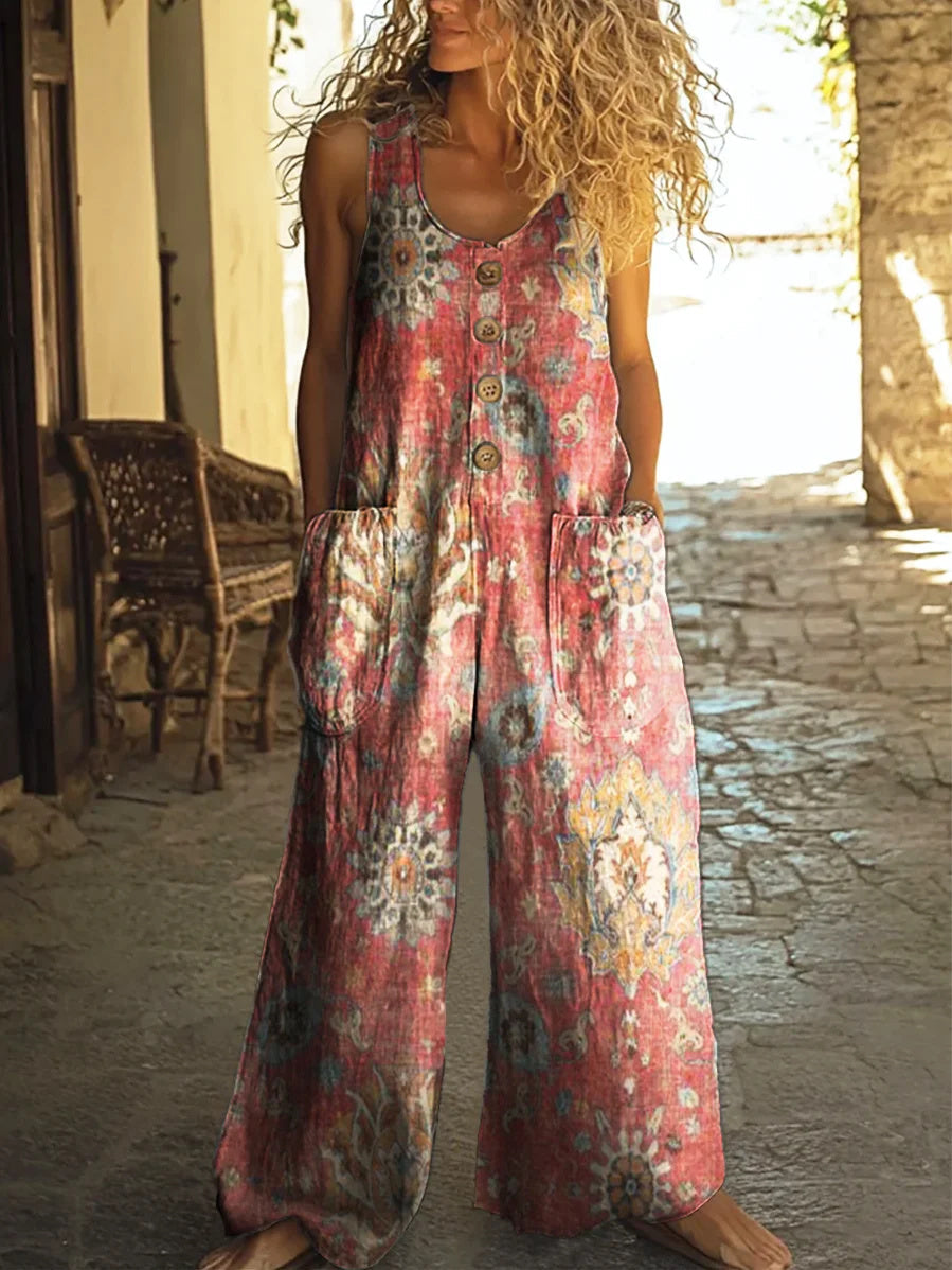 Women's Retro Ethnic Pattern Print Casual Wide-Leg Jumpsuit