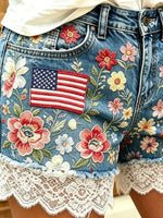 Women's American Flag Floral Lace Denim Shorts