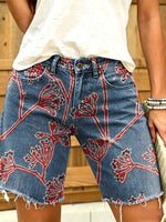 Women's vintage floral distressed print frayed denim Bermuda shorts
