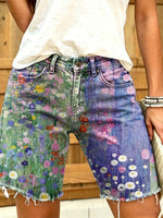 Women's Watercolor Garden Floral Print Frayed Denim Bermuda Shorts