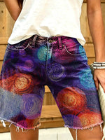 Women's Asymmetrical Circular Print Art Denim Shorts