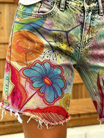 Women's Retro Colorful Floral Art Print Casual Washed Cotton Denim Shorts