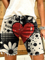 Women's Retro Heart And Floral Art Print Casual Washed Cotton Denim Shorts