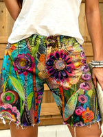 Women's Colorful Floral Art Print Casual Washed Cotton Denim Shorts