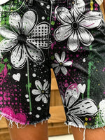 Women's Retro Hippie Style Floral Art Print Casual Washed Cotton Denim Shorts