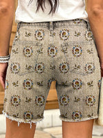 Retro floral geometric pattern women's art print casual denim shorts