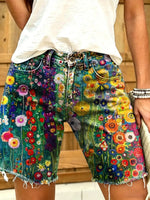 Retro Colorful Abstract Floral Art Print Casual Denim Shorts for Women