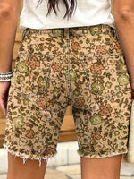 Retro ethnic floral pattern women's art print casual denim shorts